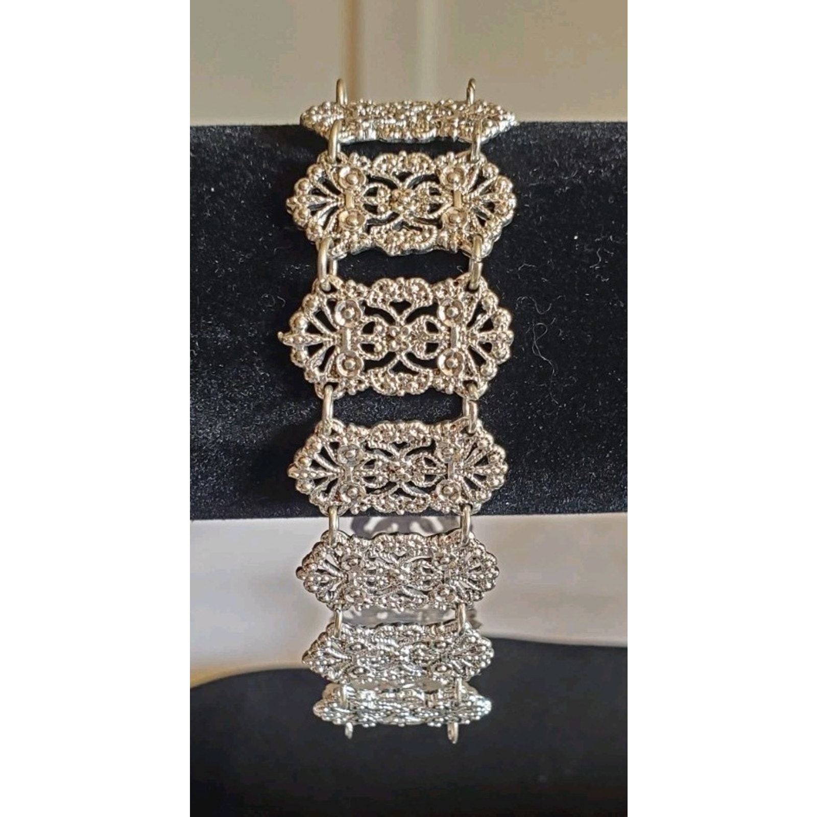 2 Inch Silver Tone Filigree Paneled Bracelet Magnetic Clasp Mothers Day Gift